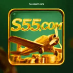 Screenshot of S55 Game APK showing earning dashboard, slots.